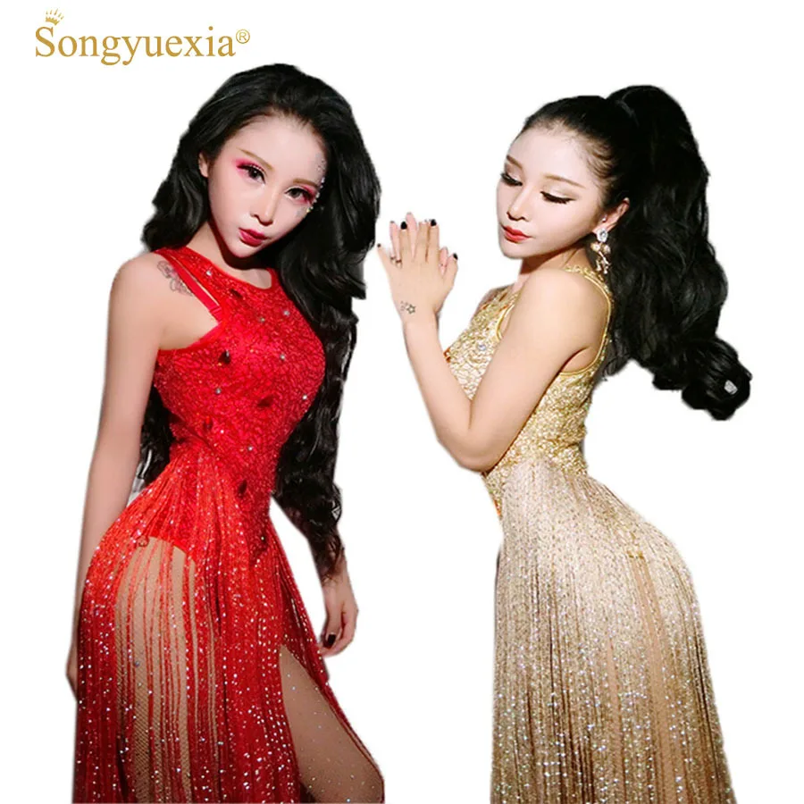 

2017 New Female Singer Clothing DS Costumes Nightclubs Sexy DJ Rhinestone Jazz Dance Clothes Golden Tassels Bodysuit performer