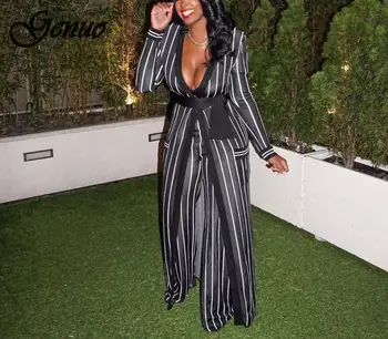 

2019 Women new striped open stitch with sashes X-long trench straight long pants suits two piece set tracksuit outfit
