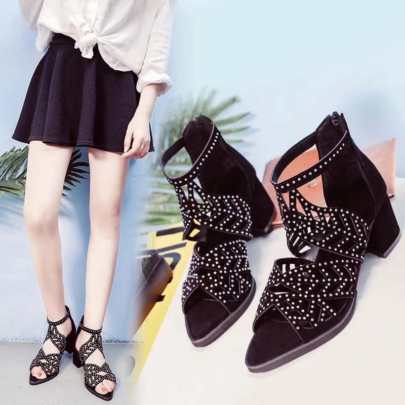 Hollow Rhinestone Fish Mouth Sandals Coarse With High With Women's Shoes Sandals Women's Shoes