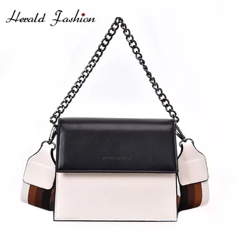 

Herald Fashion Women Chain Messenger Bags Quality Leather Wide Strap Female Shoulder Bag Vintage Ladies' Panelled Crossbody Bag