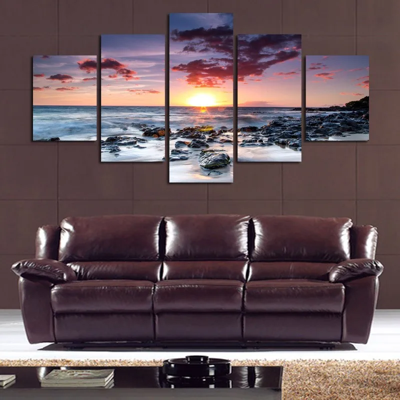 

Modular Painting Decor Picture Cheap Framework Poster 5 Panel Sunset Seascape Sea Stones Modern Wall Art Canvas Prints Abstract