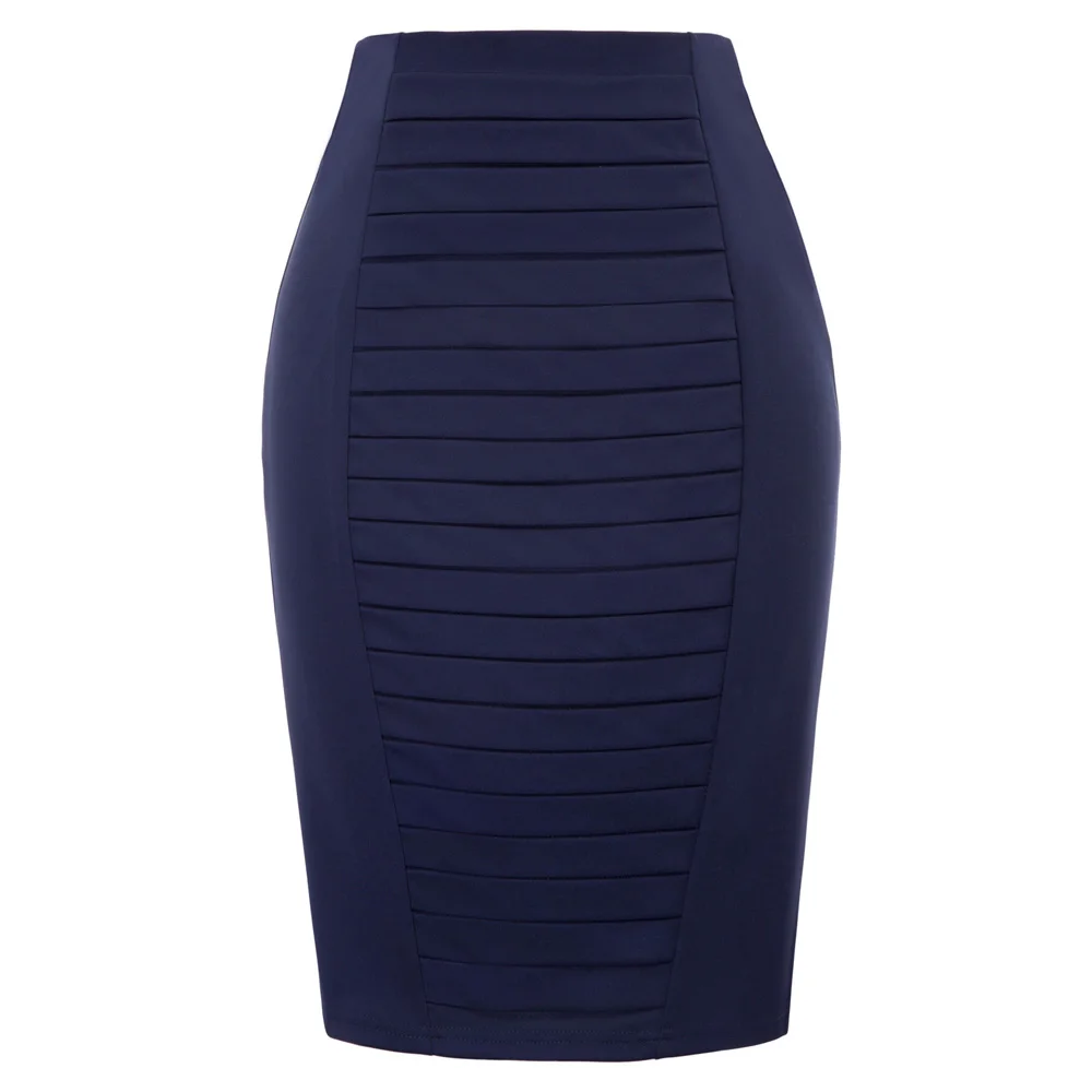 Navy Blue Pleated front skirts womens Autumn solid color vintage OL ...