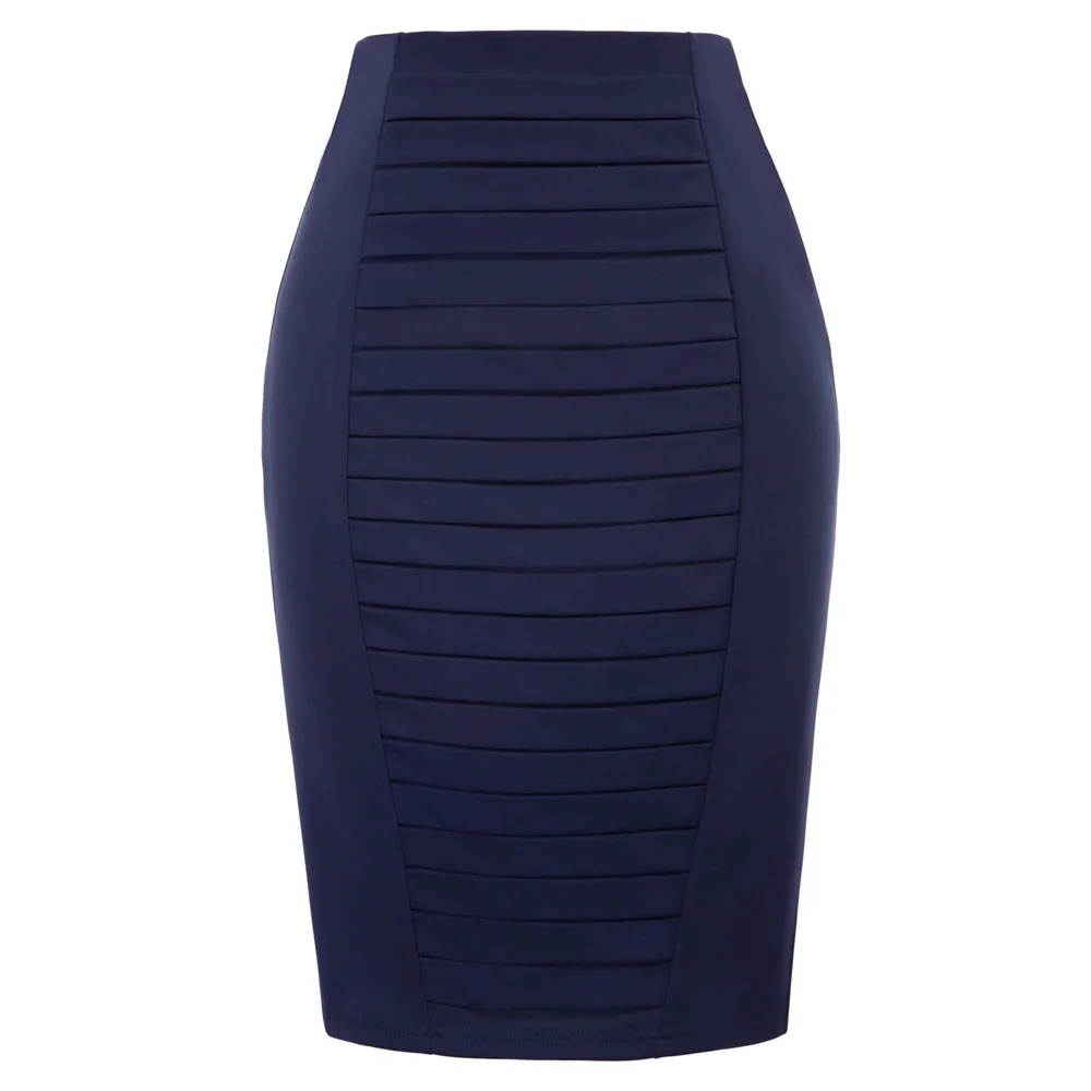 Navy Blue Pleated front skirts womens Autumn solid color vintage OL