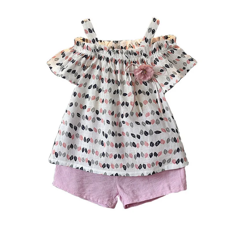 

Summer Baby Girls Set Leaf Print Sling Bare Shoulder Leaf Short Sleeve + Solid Color Casual Shorts 2 Pcs Kids Clothing