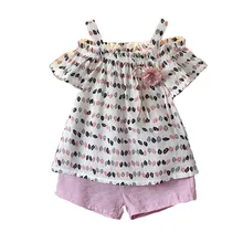 Summer Baby  Girls Set Leaf Print Sling Bare Shoulder  Leaf Short Sleeve + Solid Color Casual Shorts 2 Pcs Kids Clothing