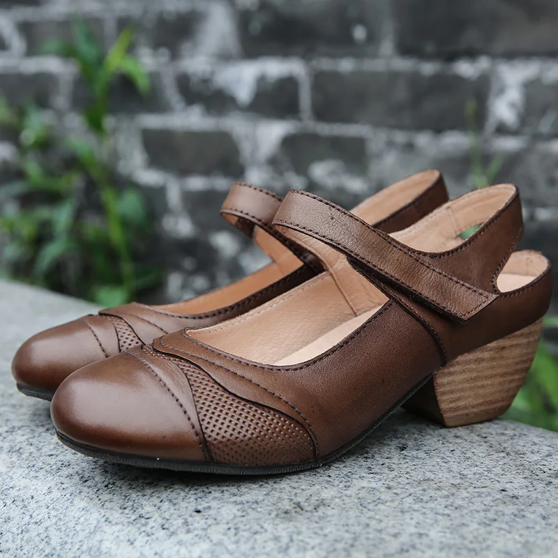Chaussures Cuir De En Conception 2019 kaki Wedge Baotou Sandales Moyen Talon Femmes D'été Dark Blue Vintage Originale Véritable qBWwRFtt6