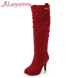 Lasyarrow Botas Mujer модные плиссированные Повседневное слипоны рыцарские сапоги Для женщин обувь на высоком каблуке-шпильке сапоги Сапоги до