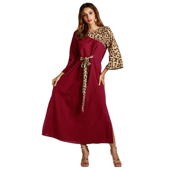 

Women's Large Size Women's New Autumn and Winter Muslim Middle Eastern Clothes Splice Leopard Dress Lace Up Bandage Long Dress