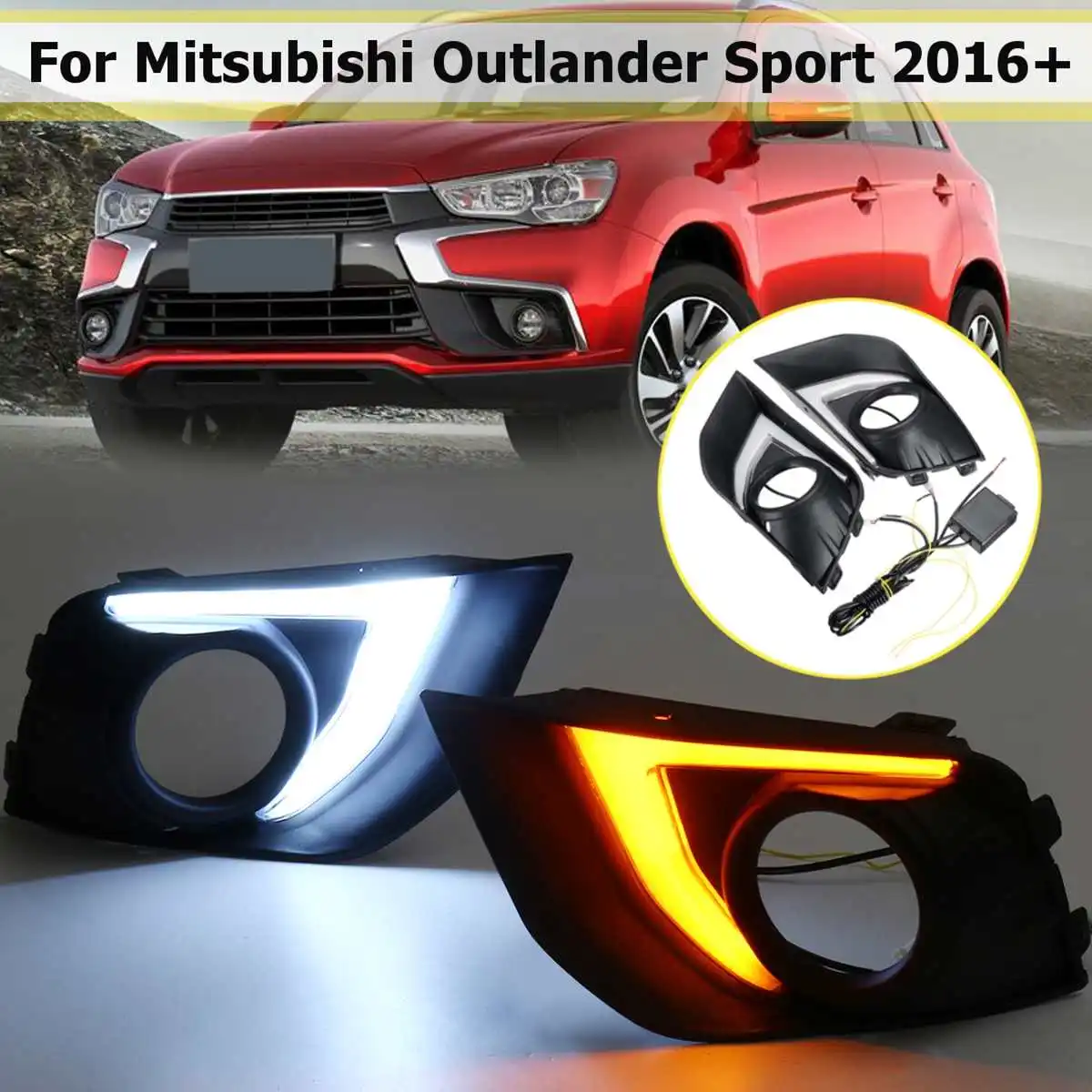 

2Pcs Car LED DRL Daytime Running Light Turn Signal For Mitsubishi Outlander Sport ASX RVR 2016 2017 Fog Driving Lamp Flashing