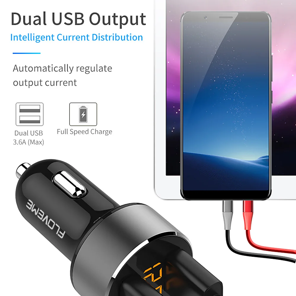 FLOVEME Dual USB Автомобильное зарядное устройство для iPhone samsung Xiaomi 5 В/3.6A Быстрая зарядка для мобильного телефона светодиодный дисплей автомобильное зарядное устройство s