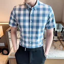 Решетки короткий рукав для мужчин рубашка плюс размеры Человек Бизнес дел Досуг натуральный хлопок прилив бренд повседневное slim fit