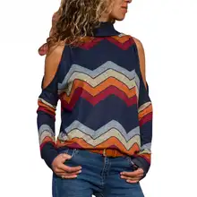 Новый Для женщин трикотажные открытыми плечами рукавами джемпер с высокой горловиной Цветочная блузка Джемпер для зимы