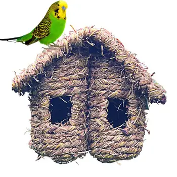 

Bird House Double Sloping Roof Straw Grass Woven Decay Resistant Bird Nest Shelter for Humming Wren Sparrow Swallow