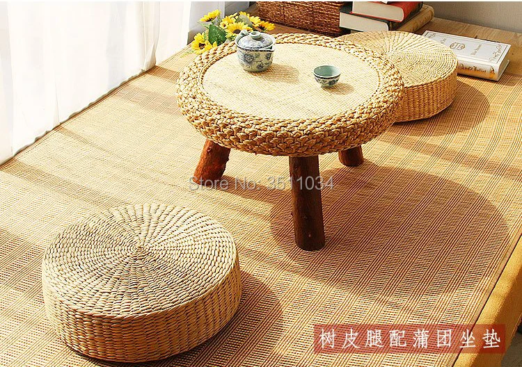 Asia Japanese Antique Rattan Round Table Traditional Asian Furniture for balcony Living Room Low Floor Coffee Table Wooden