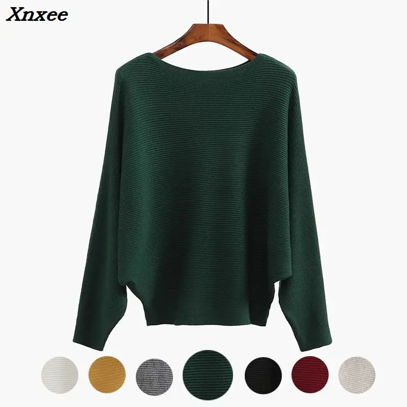 

Winter Batwing Sweater Female Bat Jersey Oversized Green Jumper Oversized Women Knitted Ribbed Sweaters Ladies Tops 7 Color