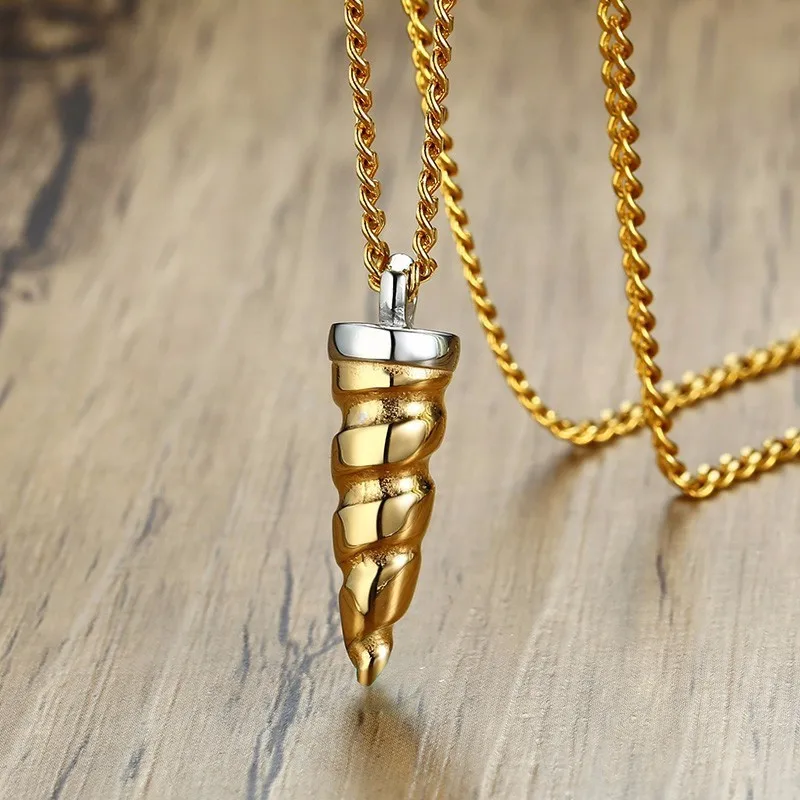 Unicorn Horn Pendant Necklace for Men Gold Tone Stainless Steel Spiral
