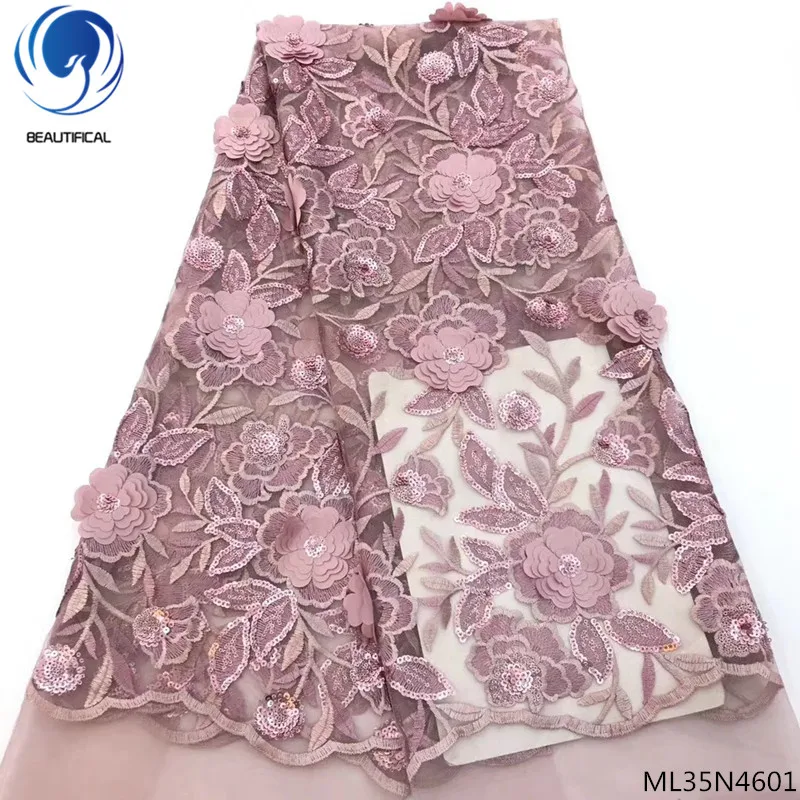 

BEAUTIFICAL 3D lace fabrics with sequin flowers embroidered african tulle lace fabrics for women dress 5yards/lot ML35N46