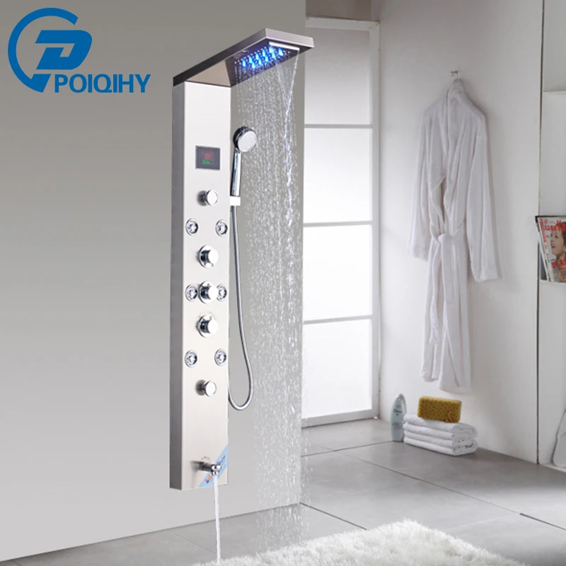 

6 Functions Nickel Brushed Wall Mounted Bathroom Shower Faucet Shower Panel Column LED