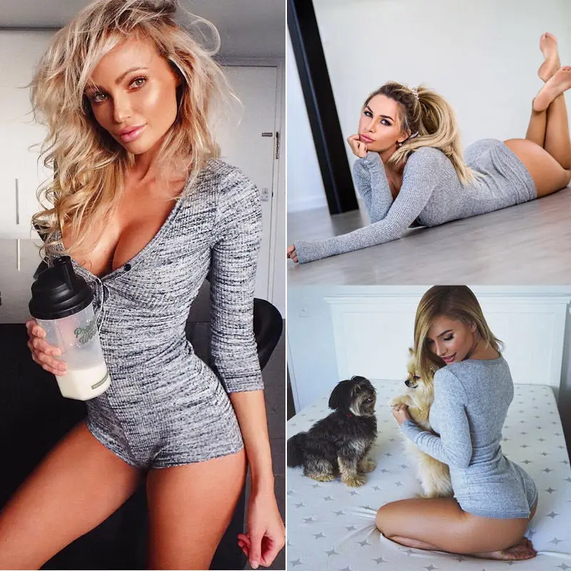 

Fashion Women Sexy V-Neck Cotton Knitted Bodycon Bodysuit Playsuit Long Sleeve Autumn Wear Sexy Slim Short Bandage Jumpsuit