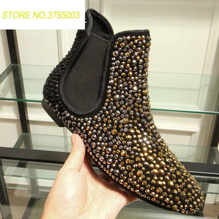 

2018 Black Gold Rhinestone Ankle Boots Women Shoes Flats Slip On Motorcycle Boots Winter Flat Shoes European Botas Mujer