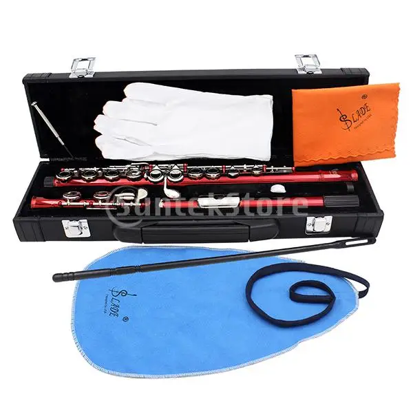 

LADE 16 Closed Holes C Tone C Key Flute with Leather Case Small Accessory Set Flute Lovers Gift Red