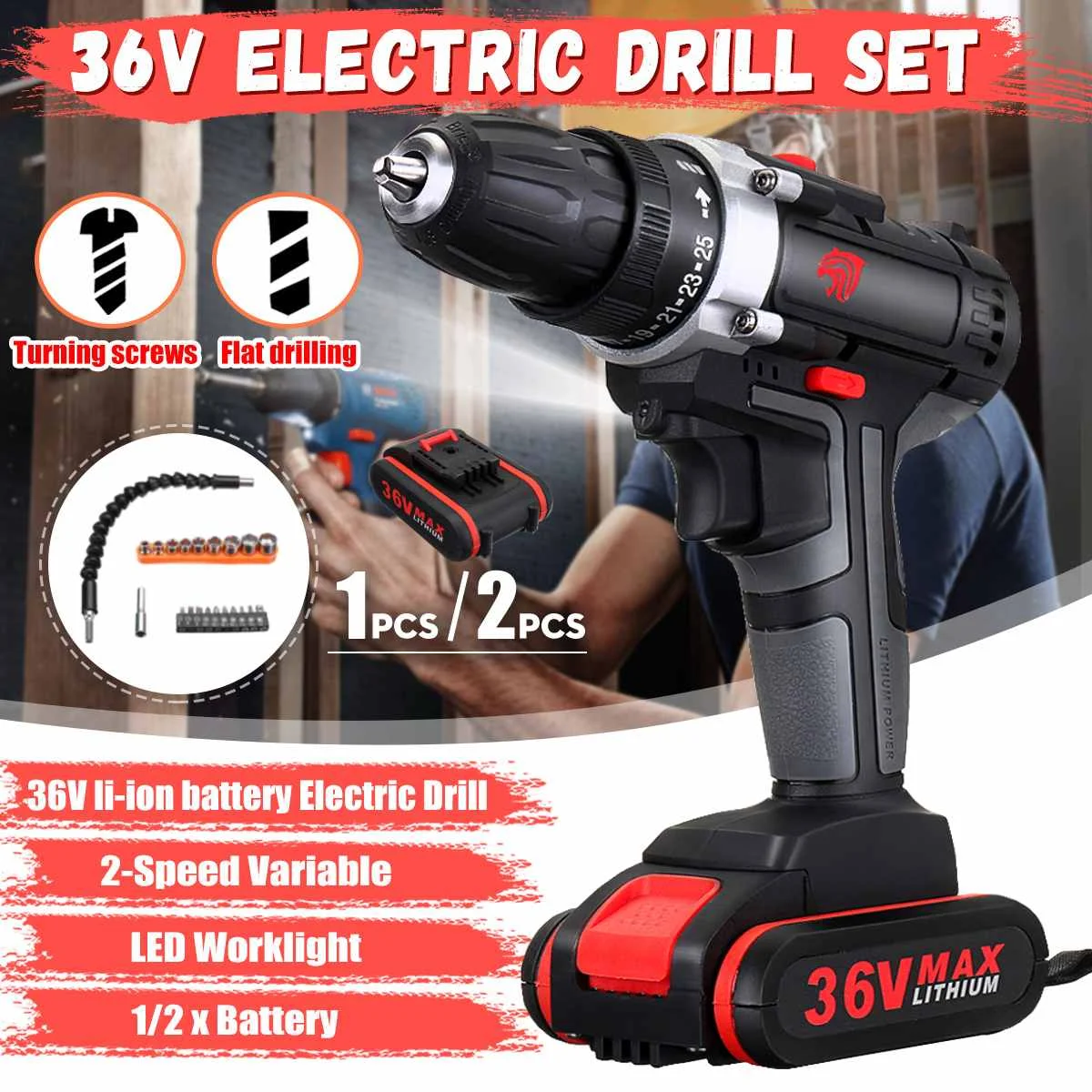 

36V Cordless drill Double Speed Adjustment LED lighting 1/2Pcs Large capacity battery 25-speed torque adjustment