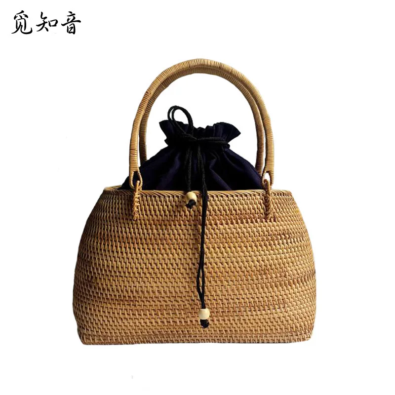 

Women Vintage Straw Bag Female Handmade Weave Handbag Bohemian Ladies Rattan Basket Travel Summer Beach Drawstring Tote Ss3136