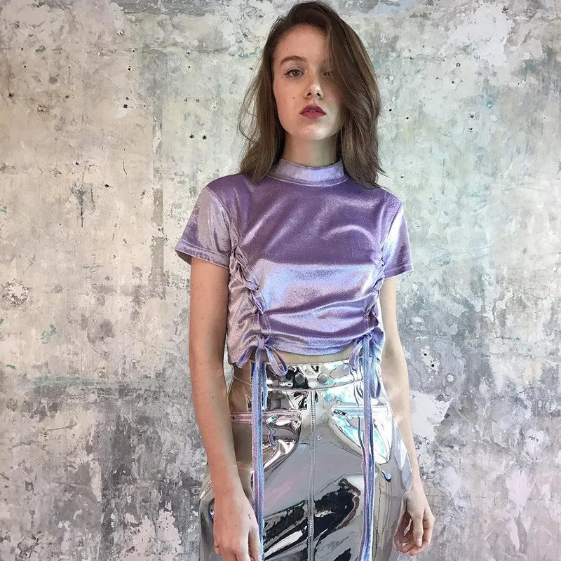 

2019 Casual Women Stand Neck Velvet Tee Shirt Harajuku Short Sleeve T Shirt Solid Purple Bandage Crop Top