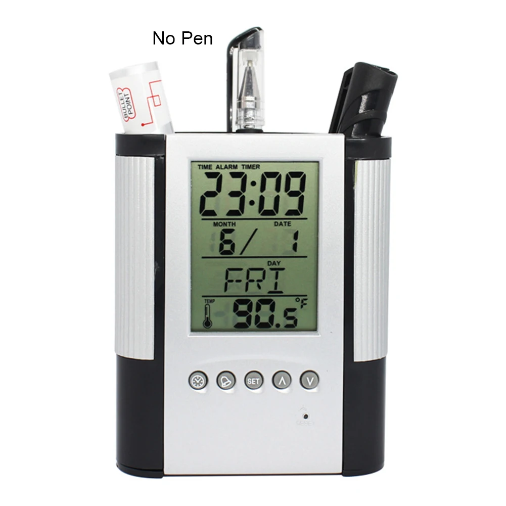 ABS Multifunctional Alarm Clock Pen Holder Office Electronic Calendar Alarm Clock LCD Temperature Display Container #16