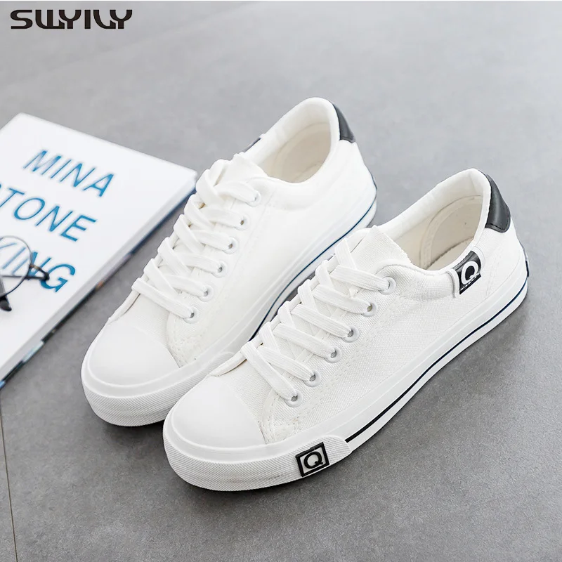 

SWYIVY Canvas Shoes Woman Flat 2019 Spring New Fashion Female Black/White Shoes Breathable Soft Bottom Lace-up Students Flats