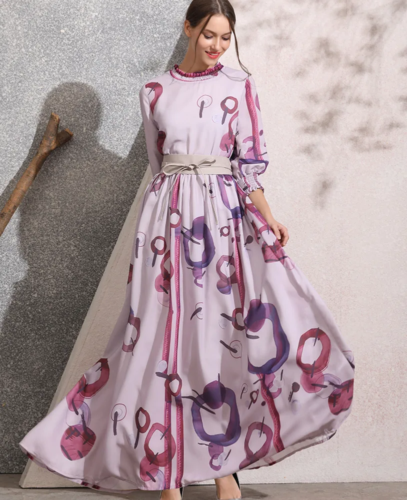 

Fashion Runway Women Dress 2019 Summer Vestidos Patterns Print 3/4 Sleeve Elastic Waist Ruffles Neck Bohemian Boho Long Dress