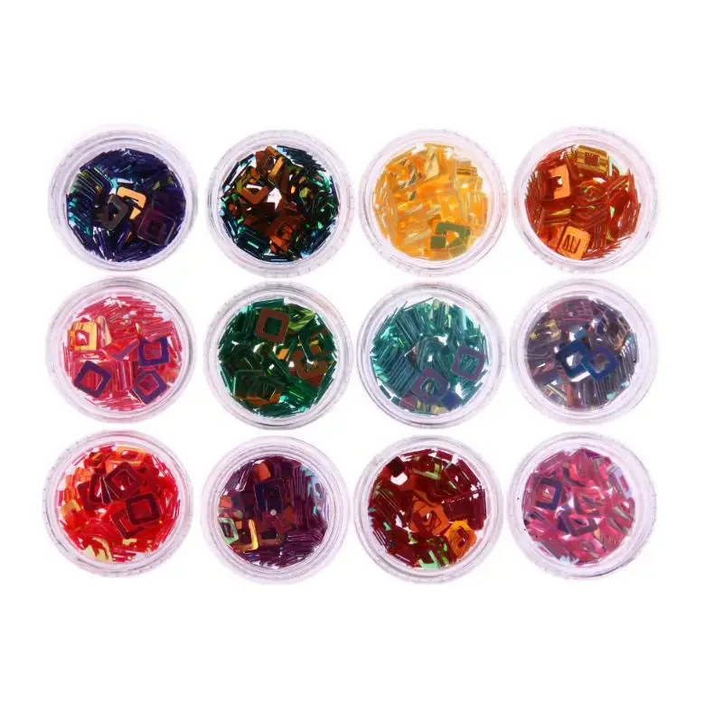 

3D 12 Colors Glitter Hollow Square Frame Shape Nail Art Sequins Slice Decal