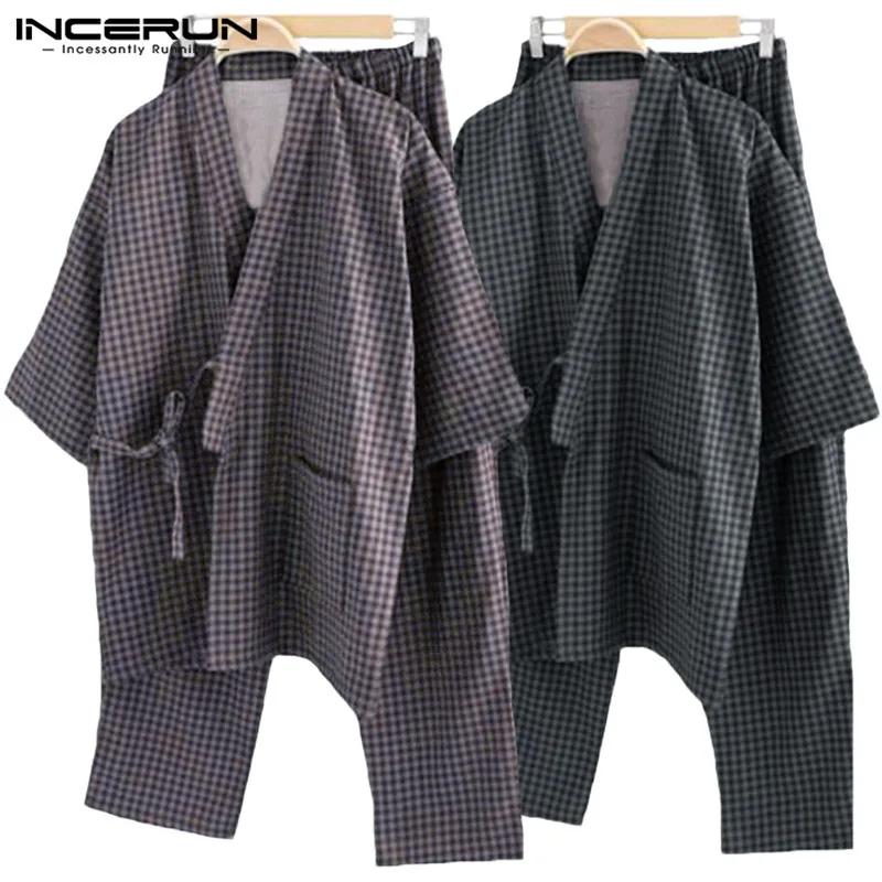 INCERUN дышащий хлопок человек Удобная Пижама Lightwear пижамные комплекты халат-кимоно в полоску мужские свободные пижамы платье