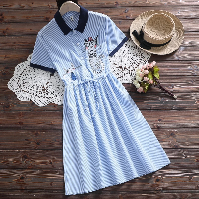 

Blue,Pink Striped Summer Dress Women Short-Sleeved Cat Embroidery Stripe Dresses Preppy Style Vintage Vestidos S-XXL