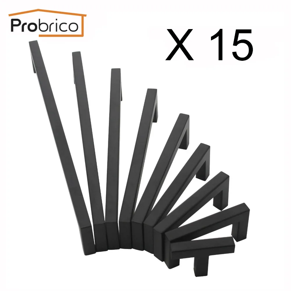 

Probrico 15 Pcs Black Square Stainless Steel Cabinet Pulls 2'-10'/50mm-256mm Door Handles Kitchen Furniture Drawer Cabinet Pulls