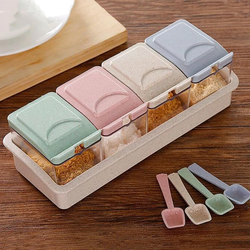 

4pcs/Set Wheat Straw Kitchen Condiment Pots Spice Seasoning Pepper Bottles Design Multi-Grid