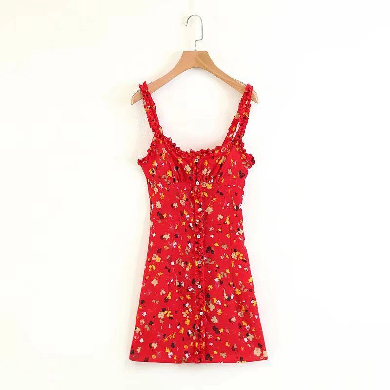 

Women Red Floral Ruffle Trim Realisation Sleeveless Waisted Mini Short Dress New