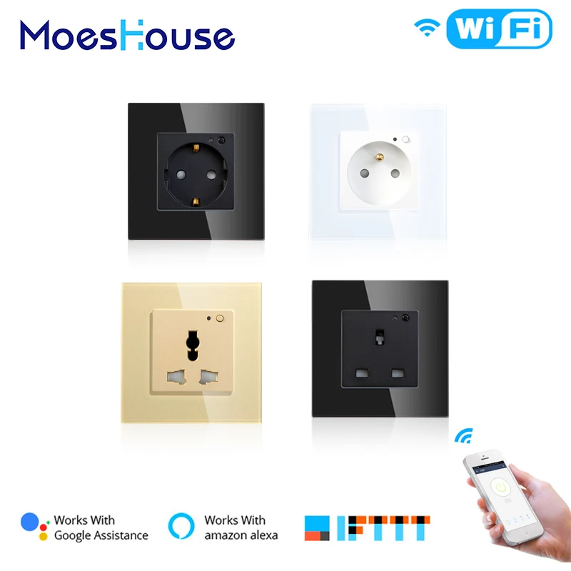 WiFi Smart Wall Socket Outlet Glass Panel Smart Life/Tuya APP Remote Control,Works with Amazon Echo Alexa Google Home EU FR UK