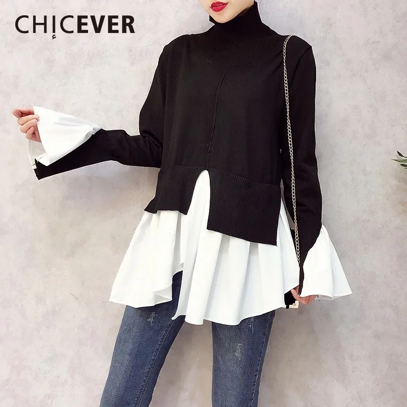 CHICEVER 2018 Spring Patchwork Pullovers Knitted Sweater For Women Turtleneck Flare Sleeve Irregular Female Jumper Sweaters Tide