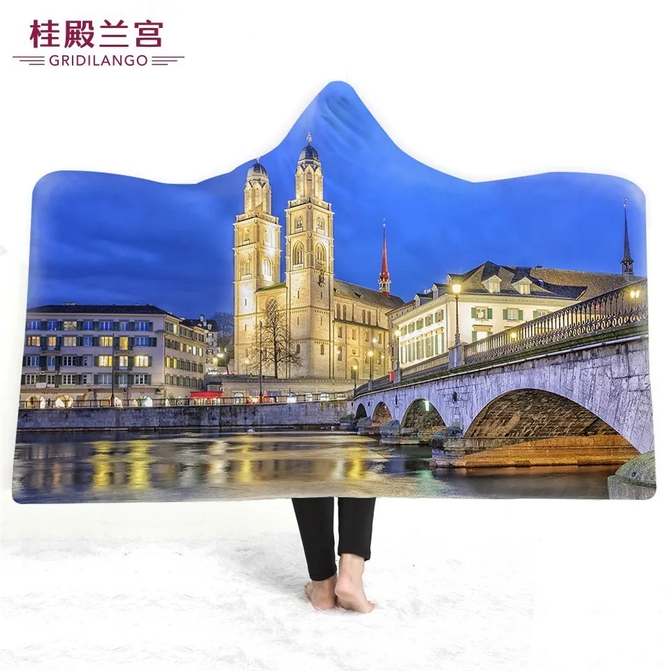 

GRIDILANGO Bridge Scenery Hooded Blanket Printing Landscape Night View For Adult Wearable Throw Blankets Gift Home Office Travel