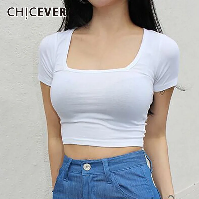 CHICEVER/Летняя женская облегающая футболка с квадратным воротником и короткими