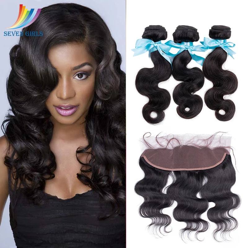 

Sevengirls Peruvian Natural Color Body W 100% Virgin Human Hair 3Bundles With 13*4 Lace Frontal Raw Hair For Women