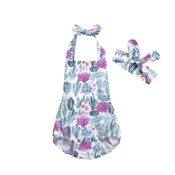 

0-24M Cute Newborn Baby Girl Clothes Sleeveless Backless Floral Romper Jumpsuit Headband 2PCS Summer Sunsuit