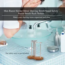 Men Razor Holder Metal Shaving Brush Stand Safety Razor Brush Rack Holder Wooden Bottom Shaving Tool