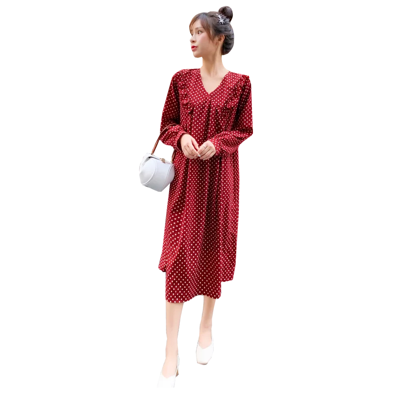 

2019 spring pregnant women clothing long lantern sleeve ruffles v-neck polka dot chiffon dress maternity knee-length sweet dress