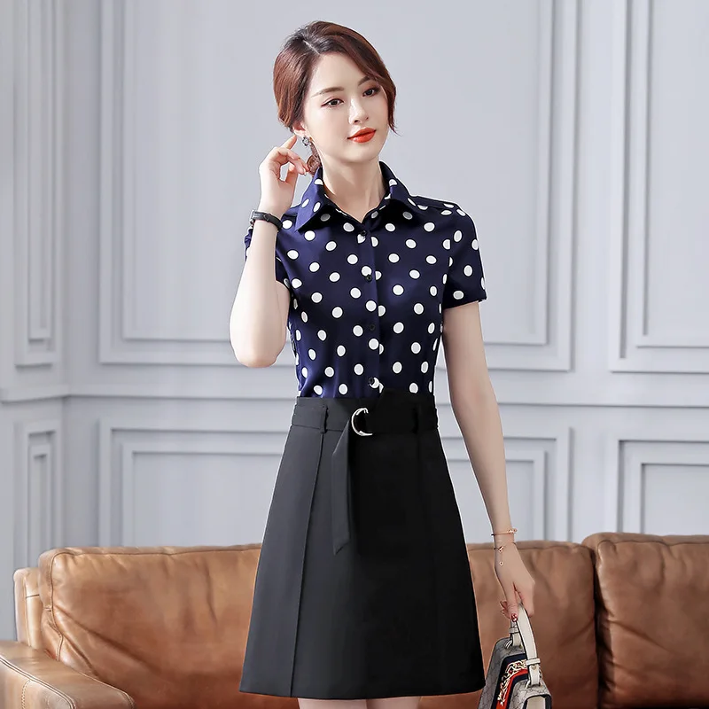 

Short Sleeve Female Women Office Lady Mini Dress Work Wear Elegant Patchwork A-Line Business Belted Faux Two Piece Dot Print