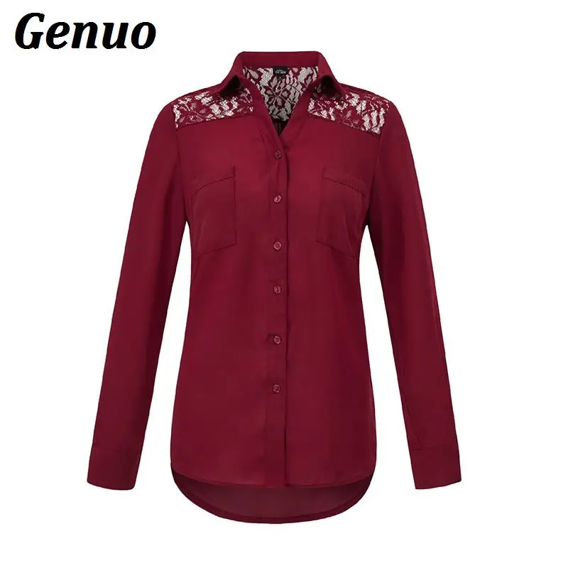 Genuo элегантные кружева выдалбливают блузка рубашка женская Повседневная Длинные рукава шифоновая блузка и Топы женские осень-зима camisas mujer