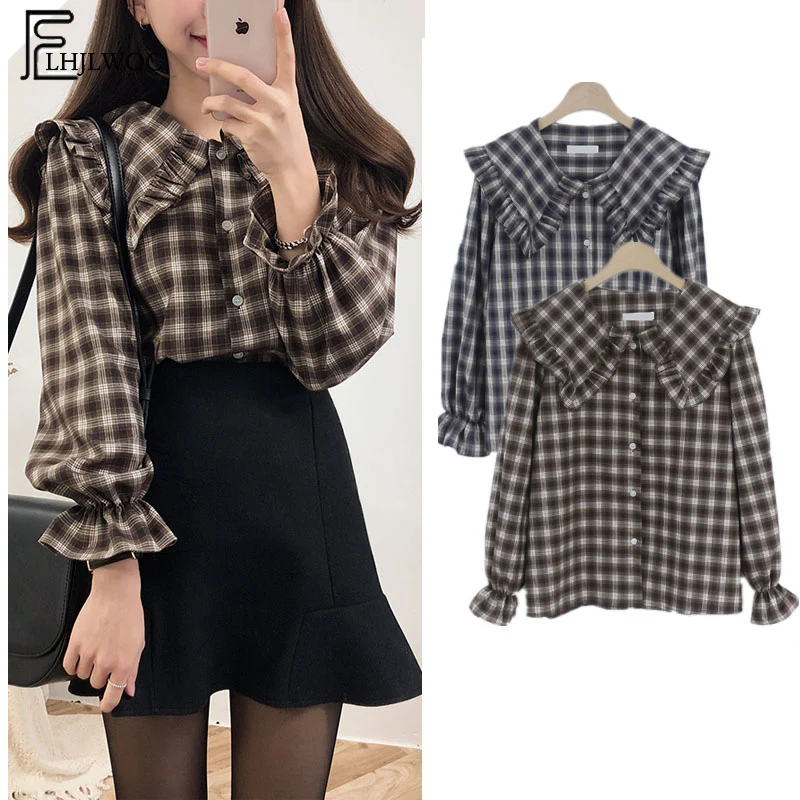 

2019 Spring Autumn Basic Shirts Blouses Women Japan Preppy Style Design Ruffled Tops Ruffled Peter Pan Collar Plaid Button Shirt