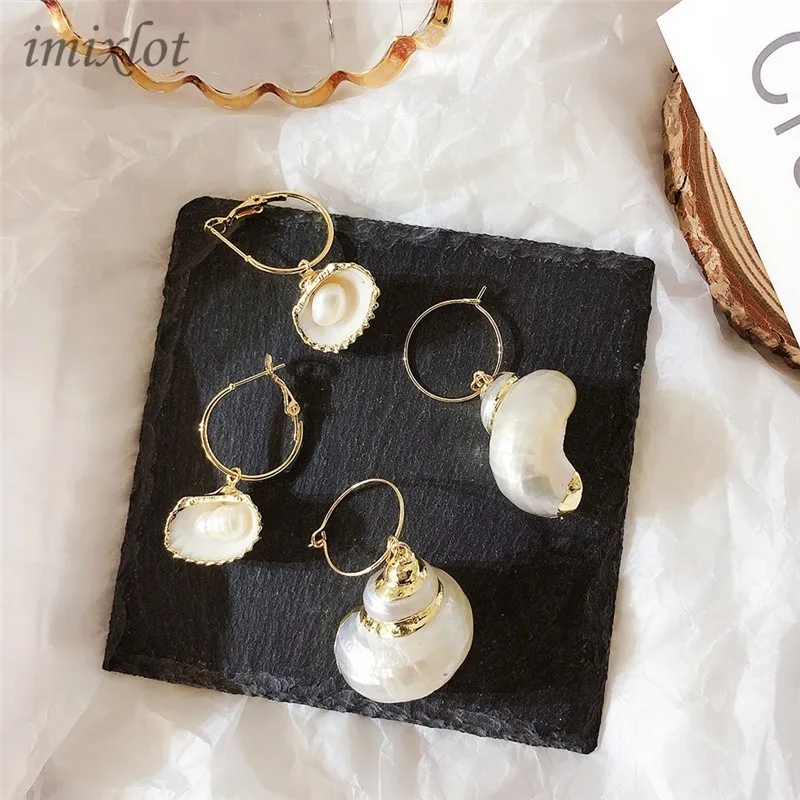 

Hand Work Shell Ear Circle Day Korean Sea Shell Pearl Exaggeration On Vacation Eardrop Sweet Ear Nail Earrings Woman Earring