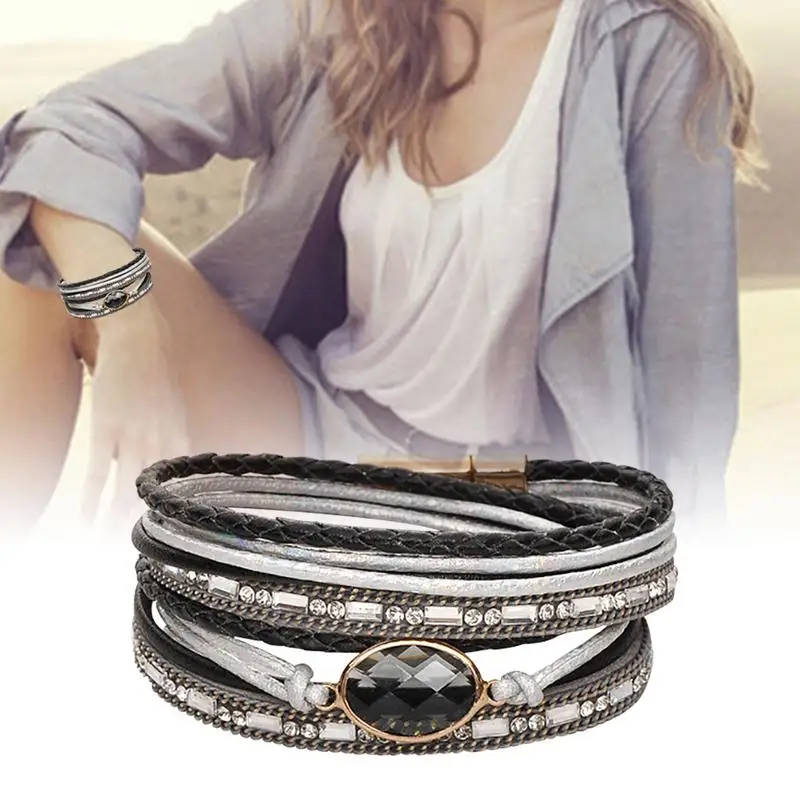 

Hand-woven Leather Bracelet Bohemian Style Wide Cuff Multi-layer Artificial Rhinestone Crystal Inlayed Multi-strand Wristband